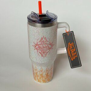 Von Dutch Tumbler 40 oz Handle NEW Flames Bling Studded Rhinestone Orange Straw